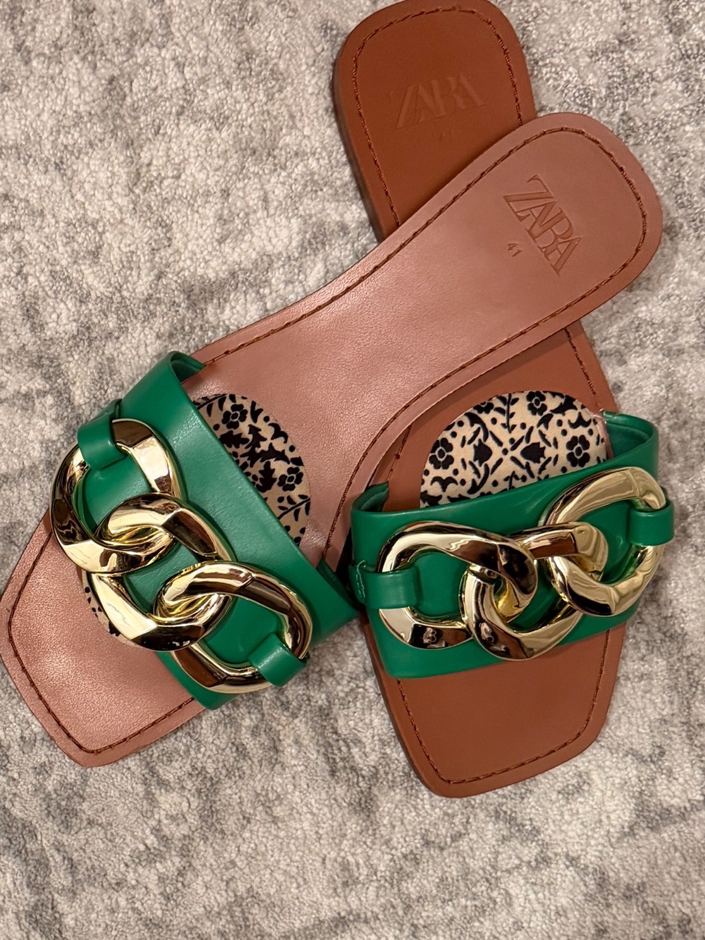 ZARA Green Slide Sandals with Gold Chain Accent